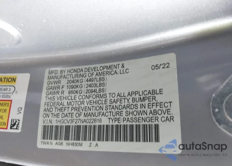 2022 Honda Accord Hybrid Sport из США, поврежденный, VIN 1HGCV3F27NA022816